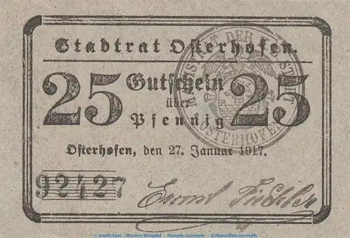 Notgeld Stadt Osterhofen , 25 Pfennig Schein in kfr. Tieste 5445.05.175 von 1917 , Bayern Verkehrsausgabe