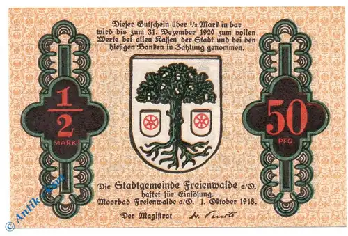 Notgeld Freienwalde , 50 Pfennig Schein , Tieste 1970.05.06 , von 1918 , Brandenburg Verkehrsausgabe