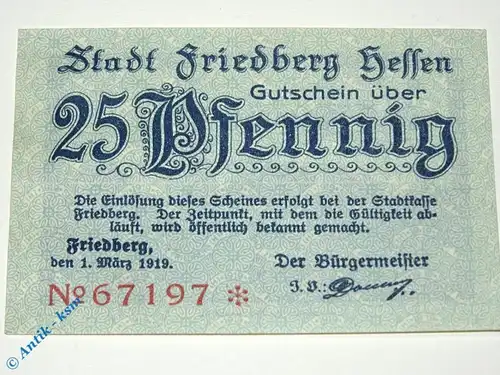 Friedberg , Notgeld 25 Pfennig Schein in kfr. Tieste 1995.05.01 , Hessen 1919 Verkehrsausgabe