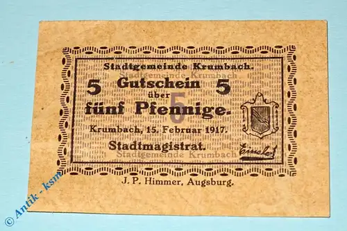 Notgeld Krumbach , 5 Pfennig Schein marmoriert , Tieste 3745.05.01 , von 1917 , Bayern Verkehrsausgabe