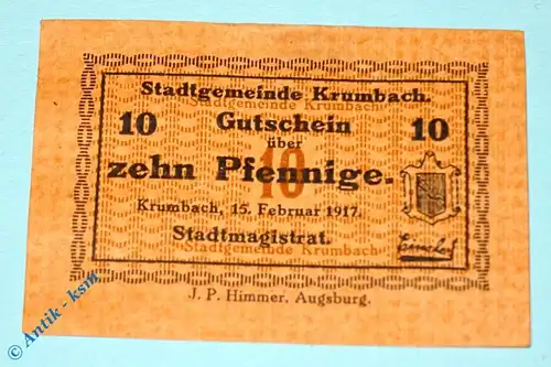 Notgeld Krumbach , 10 Pfennig Schein quadrilliert , Tieste 3745.05.06 , von 1917 , Bayern Verkehrsausgabe