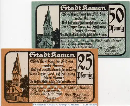 Notgeld Kamen , Set mit 2 Scheinen in kfr. Tieste 3350.05.15 und 16 , von 1920 , Westfalen Verkehrsausgabe
