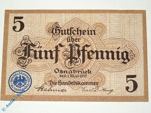 Notgeld Osnabrück , 5 Pfennig Musterschein ohne Kennummer Wz , Tieste 5435.05.01.M , von 1917 , Niedersachsen Verkehrsausgabe
