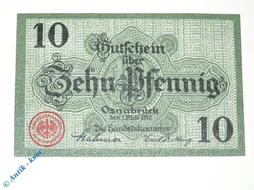 Notgeld Osnabrück , 10 Pfennig Musterschein ohne Kennummer , Tieste 5435.05.10.M , von 1917 , Niedersachsen Verkehrsausgabe