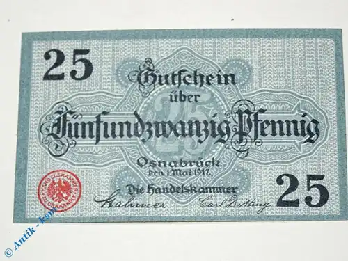 Notgeld Osnabrück , 25 Pfennig Musterschein ohne Kennummer , Tieste 5435.05.11.M , von 1917 , Niedersachsen Verkehrsausgabe