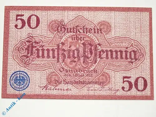 Notgeld Osnabrück , 50 Pfennig Musterschein ohne Kennummer , Tieste 5435.05.08.M , von 1917 , Niedersachsen Verkehrsausgabe