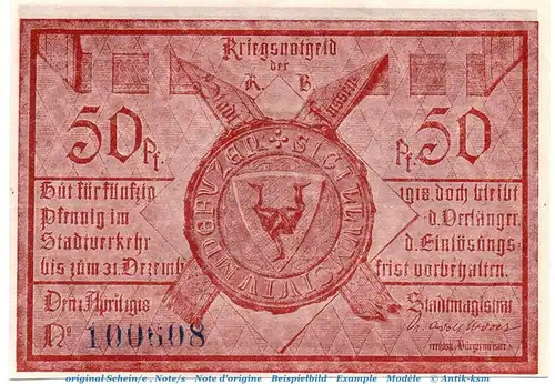 Notgeld Stadt Füssen 2085.05.35 , 50 Pfennig Sechseckflechtwerk in kfr. von 1918 , Bayern Verkehrsausgabe