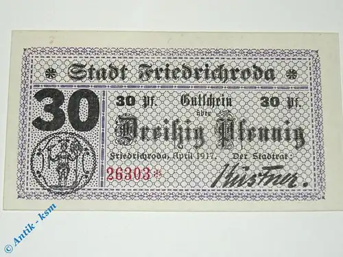Notgeld Friedrichroda , 30 Pfennig Schein , WZ 12 mm , Tieste 2030.10.10 , von 1917 , Sachsen Verkehrsausgabe
