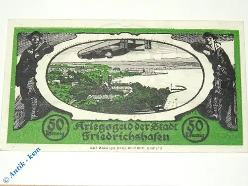 Notgeld Friedrichshafen , 50 Pfennig Schein , mit Kn , Tieste 2040.15.01 , Württemberg Verkehrsausgabe