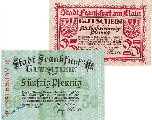 Notgeld Frankfurt a. Main , Set mit 2 Scheinen , Tieste 1930.15.01 bis 30 , 1917/19 , Hessen Verkehrsausgabe
