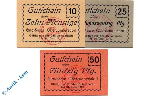 Notgeld Girokasse Obercunnersdorf 5215.05.01-03 , Set mit 3 Scheinen in kfr. o.D. Sachsen Verkehrsausgabe