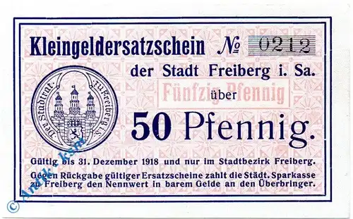 Notgeld Freiberg , 50 Pfennig Schein - 31.12.1918 , Tieste 1950.20.12 , Sachsen Verkehrsausgabe