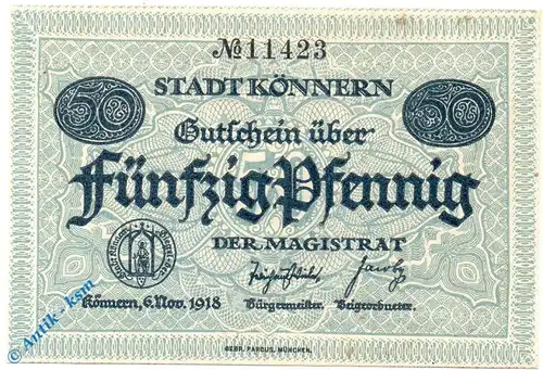 Notgeld Könnern , 50 Pfennig Schein , Tieste 3625.05.01 , von 1918 , Sachsen Verkehrsausgabe