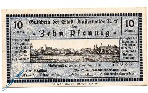 Notgeld Finsterwalde , 10 Pfennig Schein , druck schwarz , Tieste 1870.05.02 , von 1919 , Brandenburg Verkehrsausgabe