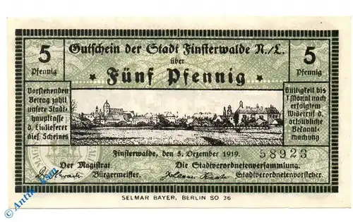 Notgeld Finsterwalde , 5 Pfennig Schein , mit Wz , Tieste 1870.05.10 , von 1919 , Brandenburg Verkehrsausgabe