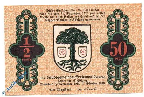 Notgeld Freienwalde , 50 Pfennig Schein , o. Drfa , Tieste 1970.05.11 , von 1918 , Brandenburg Verkehrsausgabe