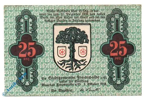 Notgeld Freienwalde , 25 Pfennig Schein , o. Drfa , Tieste 1970.05.10 , von 1918 , Brandenburg Verkehrsausgabe