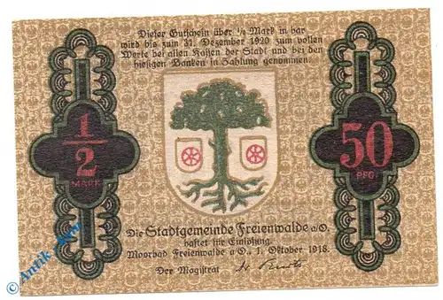 Notgeld Freienwalde , 50 Pfennig Schein , Fraktur , Tieste 1970.05.02 , von 1918 , Brandenburg Verkehrsausgabe