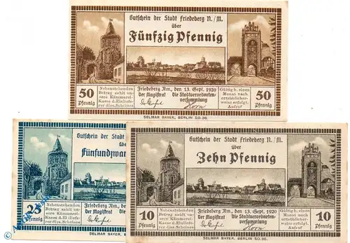 Notgeld Friedeberg , Set mit 3 Scheinen , Tieste 2000.05.01 bis 03 , von 1920 , Brandenburg Verkehrsausgabe