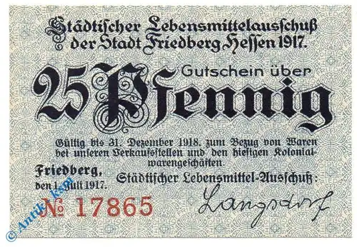 Notgeld Friedberg , 25 Pfennig Schein , Langsdorf , Tieste 1995.10.05 , von 1917 , Hessen Verkehrsausgabe