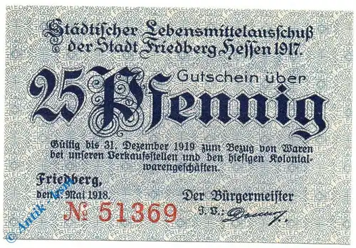 Notgeld Friedberg , 25 Pfennig Schein , Donner , Tieste 1995.10.10 , von 1918 , Hessen Verkehrsausgabe