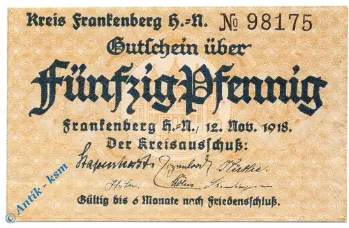 Notgeld Frankenberg , 50 Pfennig Schein , Tieste 1910.05.01 , von 1918 , Hessen Verkehrsausgabe
