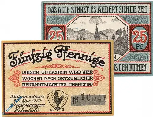 Notgeld Gemeinde Kaltennordheim 3345.05.10-11 , Set mit 2 Scheinen in kfr. von 1920 , Sachsen Verkehrsausgabe