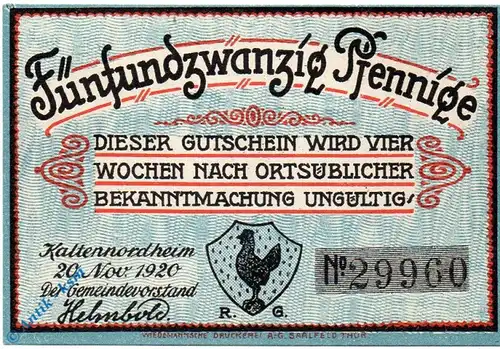 Notgeld Kaltennordheim , 25 Pfennig Schein , Tieste 3345.05.10 , von 1920 , Sachsen Verkehrsausgabe