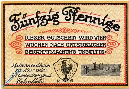 Notgeld Kaltennordheim , 50 Pfennig Schein , Tieste 3345.05.11 , von 1920 , Sachsen Verkehrsausgabe