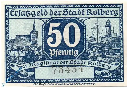 Notgeld Kolberg , 50 Pfennig Schein , Tieste 3650.05.07 , von 1917 , Pommern Verkehrsausgabe