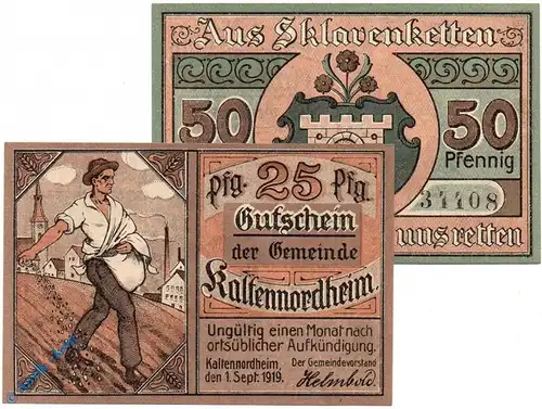 Notgeld Kaltennordheim , Set mit 2 Scheinen , mit Wz , Tieste 3345.05.01 und 02 , von 1919 , Sachsen Verkehrsausgabe