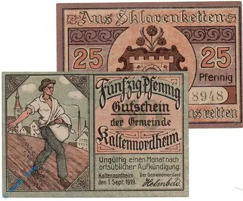 Notgeld Kaltennordheim , Set mit 2 Scheinen , ohne Wz , Tieste 3345.05.05 und 06 , von 1919 , Sachsen Verkehrsausgabe