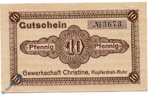 Notgeld Kupferdreh , Gewerkschaft Christine , 10 Pfennig Schein , Tieste 3770.10.01 , Rheinland Verkehrsausgabe