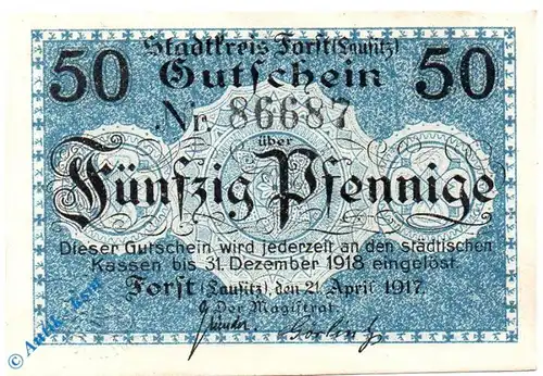 Notgeld Forst , 50 Pfennig Schein bis 31.12.1918 , Tieste 1905.05.05 , von 1917 , Brandenburg Verkehrsausgabe