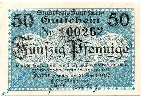 Notgeld Forst , 50 Pfennig Schein , ohne Wz , Tieste 1905.05.15 , von 1917 , Brandenburg Verkehrsausgabe