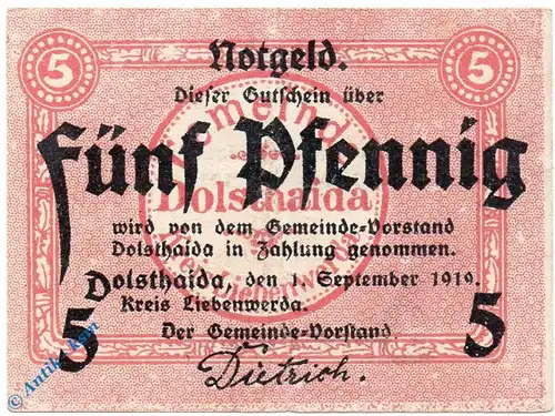 Notgeld Dolsthaida , 5 Pfennig Schein gbr , Tieste 1435.05.01 , von 1919 , Sachsen Verkehrsausgabe