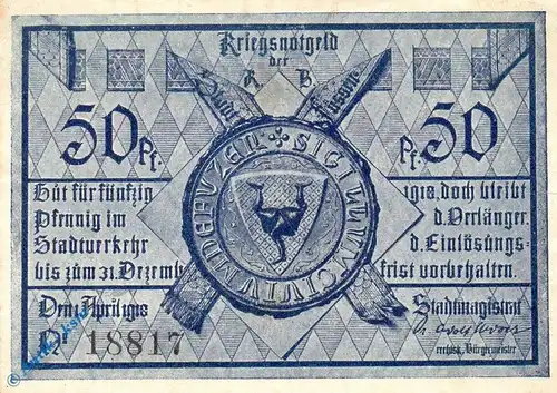 Notgeld Füssen , 50 Pfennig Schein , Kn schwarz , Tieste 2085.05.01 , von 1918 , Bayern Verkehrsausgabe