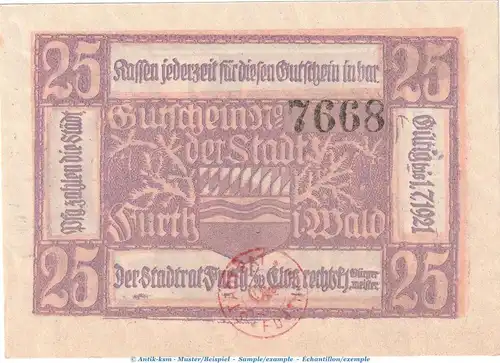 Furth i.W. Notgeld 25 Pfennig Schein in kfr. Tieste 2095.05.01 , Bayern 1920 Verkehrsausgabe