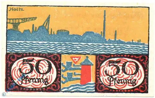 Notgeld Flensburg , 50 Pfennig Schein , Tieste 1885.30.01 , von 1919 , Schleswig Holstein Verkehrsausgabe
