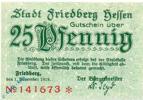 Notgeld Friedberg , 25 Pfennig Schein , Tieste 1995.05.05 , Nov 1919 , Hessen Verkehrsausgabe