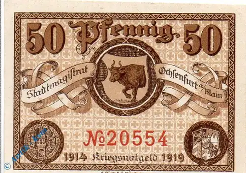 Notgeld Ochsenfurt , 50 Pfennig Schein , Wz Spindeln , Tieste 5305.05.05 , von 1919 , Bayern Verkehrsausgabe