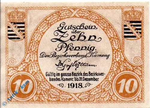 Notgeld Kamenz , 10 Pfennig Schein - 1918 , Tieste 3355.05.01 , von 1917 , Sachsen Verkehrsausgabe