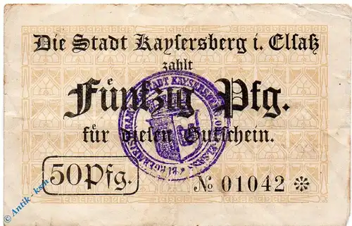 Notgeld Kaysersberg , 50 Pfennig Schein gbr , Tieste 3425.05.01 , von 1917 , Elsass Verkehrsausgabe