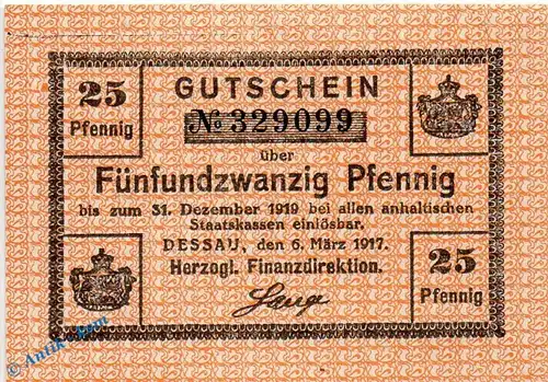 Notgeld Dessau , 25 Pfennig Schein in kfr. Wz Tropfen , Tieste 1340.05.01 , von 1917 , Anhalt Verkehrsausgabe