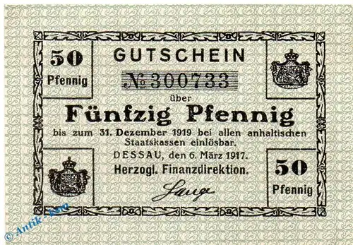 Notgeld Dessau , 50 Pfennig Schein in kfr. Wz Tropfen , Tieste 1340.05.02 , von 1917 , Anhalt Verkehrsausgabe