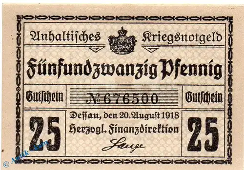 Notgeld Dessau , 25 Pfennig Schein in kfr. Tieste 1340.05.05 , von 1918 , Anhalt Verkehrsausgabe