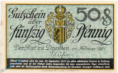 Notgeld Dresden , Stadt , 50 Pfennig Schein in kfr. Tieste 1475.255.10 , von 1921 , Sachsen Verkehrsausgabe