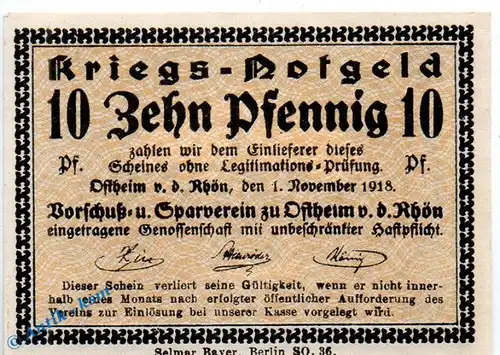 Notgeld Ostheim , 10 Pfennig Schein in kfr. Lichtenburg , Tieste 5465.05.41 , von 1918 , Sachsen Verkehrsausgabe