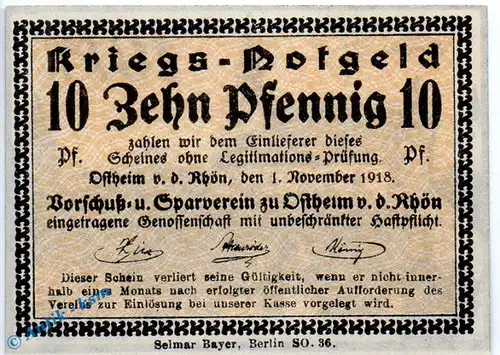 Notgeld Ostheim , 10 Pfennig Schein in kfr. Kirche , Tieste 5465.05.51 , von 1918 , Sachsen Verkehrsausgabe