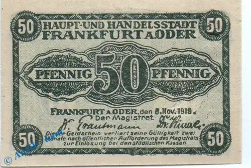 Notgeld Frankfurt Oder , 50 Pfennig Schein in kfr. Tieste 1935.05.10 , von 1919 , Brandenburg Verkehrsausgabe